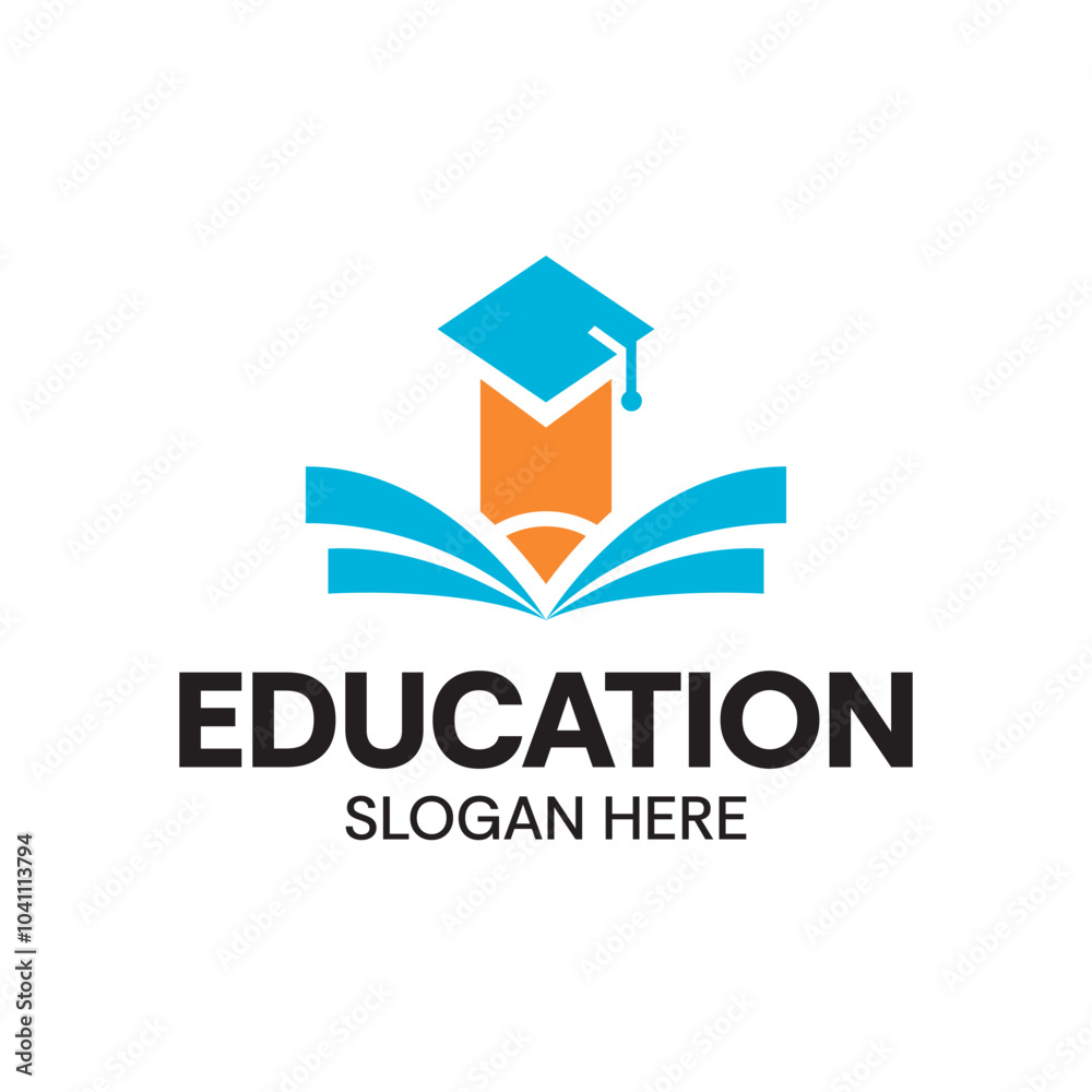 Education Logo with Book, Pencil, and Graduation Cap