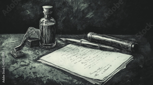 A black and white drawing of a pen, paper, and ink bottle, created to look like an old-fashioned engraving. photo