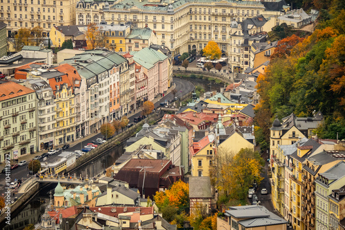 Photography Beautiful high angle view of the city center of Karlovy Vary, Czech Republic, wi