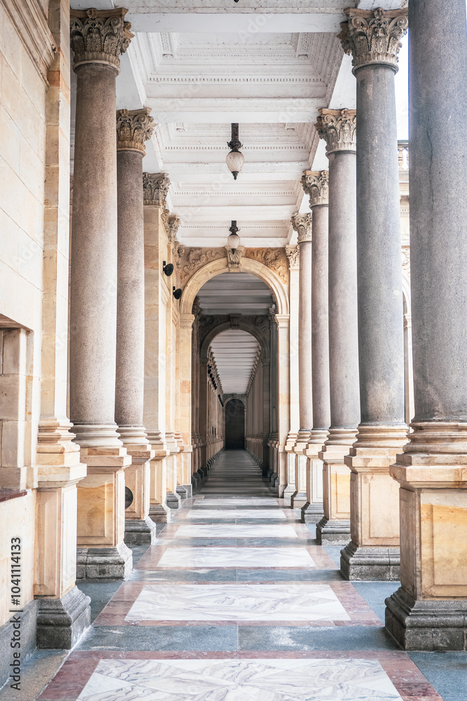Beautiful and scenic postcard view of a corridor at the Mill Colonnade (Mlýnská Kolonáda) in Karlovy Vary, Czech Republic Beautiful and scenic postcard view of a corridor at the Mill Colonnade (Mlýnská Kolonáda) in Karlovy Vary, Czech Republic