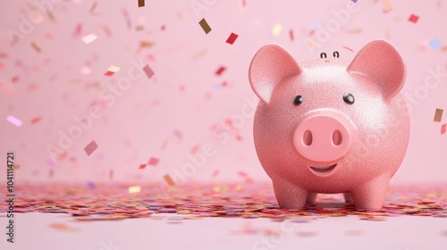 A charming pink piggy bank surrounded by colorful confetti, symbolizing savings, celebration, and financial success.