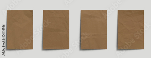 Crumpled brown kraft paper for scrapbook or writing message. Realistic 3d illustration vector set of wrinkled craft sketchbook page mockup. Blank vintage parchment notepad or newspaper leaflet.