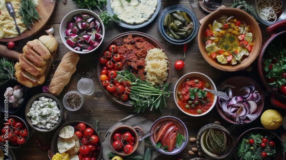 Rustic Traditional Food Spread on Wooden Table