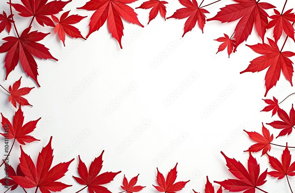 Bright red maple leaves creating an elegant border with copy space on a clean white background Bright red maple leaves creating an elegant border with copy space on a clean white background