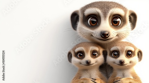 A mother meerkat with two baby meerkats looking up with big, curious eyes.