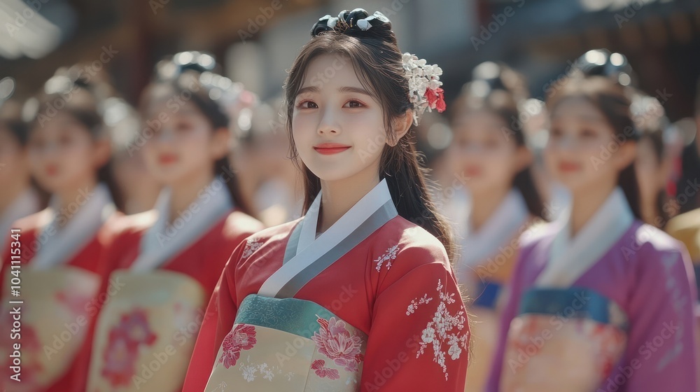 Young woman in traditional Korean hanbok dress, smiling and looking at the camera. Young woman in traditional Korean hanbok dress, smiling and looking at the camera.