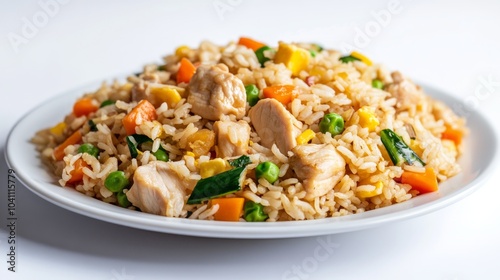 A plate of chicken fried rice with carrots, peas, and corn.