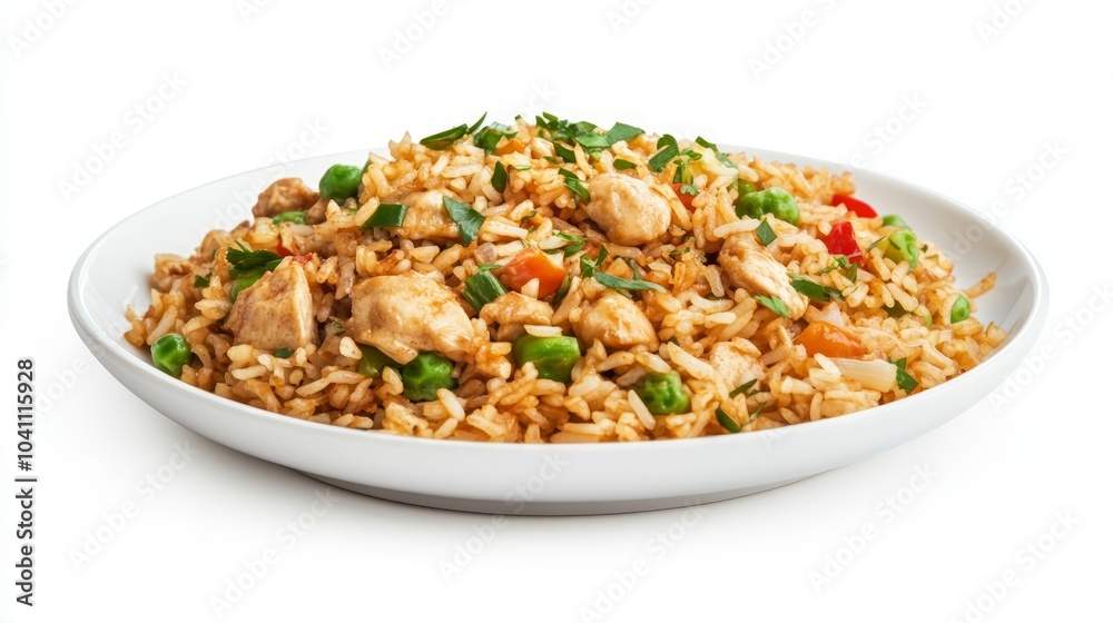 A plate of chicken fried rice with vegetables and parsley. A plate of chicken fried rice with vegetables and parsley.