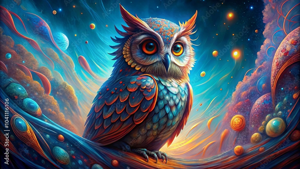 Naklejka premium An owl perched on a branch with swirling nebulae and celestial bodies in the background.