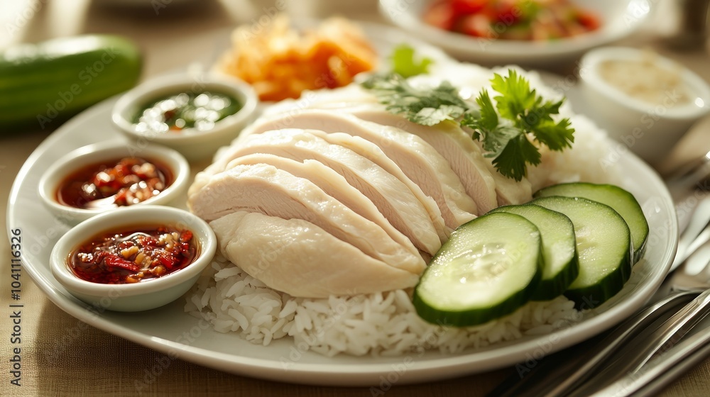 A plate of Hainanese chicken rice with sliced cucumber, chili sauce, and a side of dipping sauce. A plate of Hainanese chicken rice with sliced cucumber, chili sauce, and a side of dipping sauce.