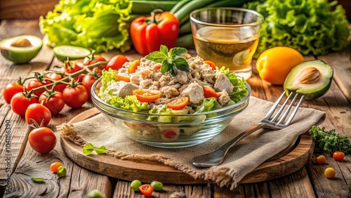 A Fresh and Healthy Salad with Chicken, Tomatoes, Greens, and Avocado in a Glass Bowl on a Wooden Table