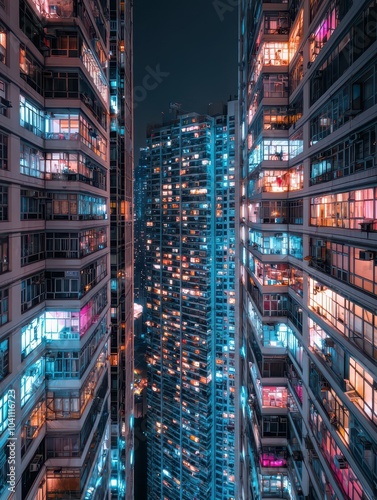 Stunning high-rise building illuminated at night, showcasing vibrant lights and captivating aesthetics.