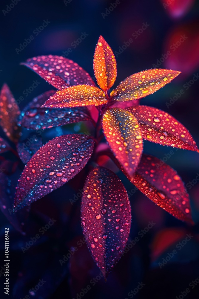 Dew-Covered Red and Yellow Leaves in a Close-Up View Dew-Covered Red and Yellow Leaves in a Close-Up View