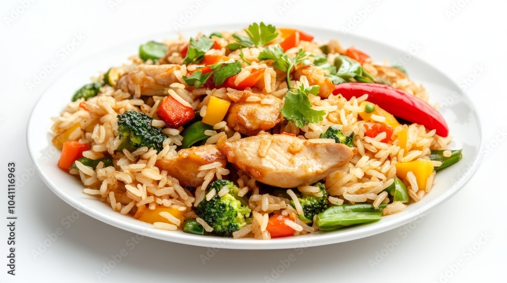 A plate of stir-fried rice with chicken, vegetables, and cilantro. A plate of stir-fried rice with chicken, vegetables, and cilantro.