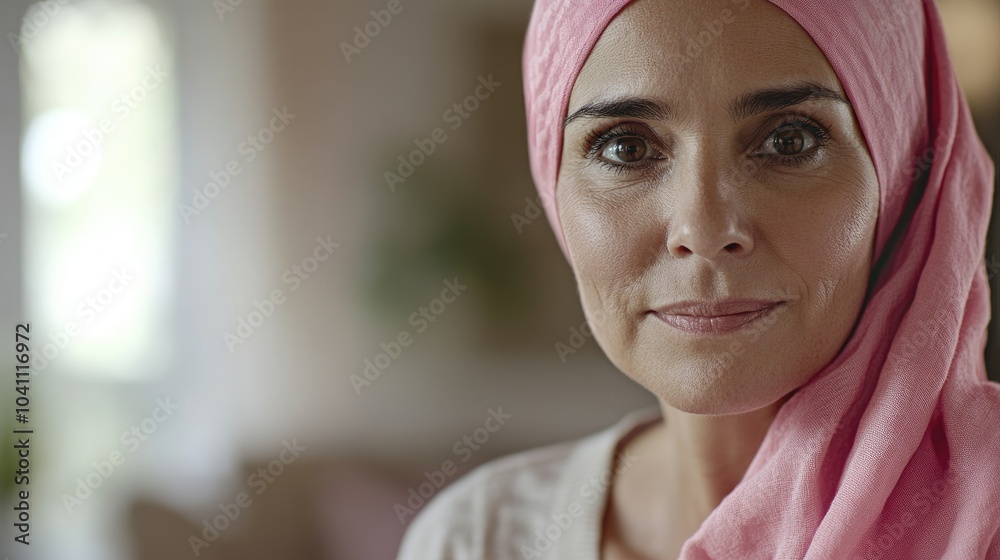 A older woman with cancer, wearing a pink scarf, looks directly into the camera Breast Cancer support A older woman with cancer, wearing a pink scarf, looks directly into the camera Breast Cancer support