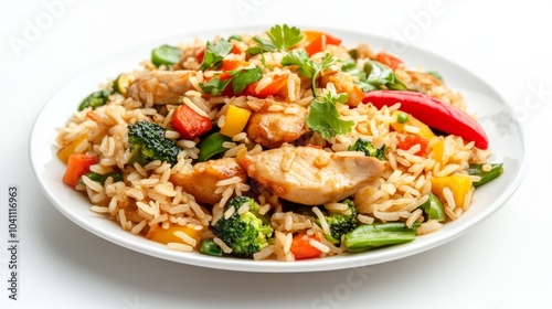 A plate of stir-fried rice with chicken, vegetables, and cilantro.