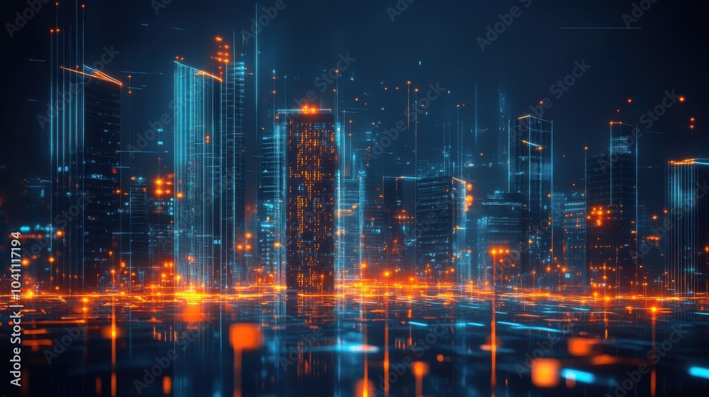 Fototapeta premium Futuristic cityscape with glowing lights and digital elements.