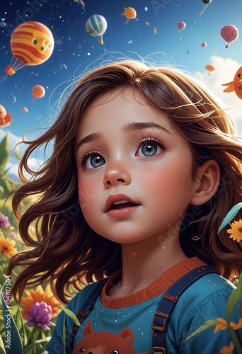 Cartoon girl close up surrounded by nature