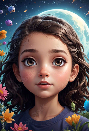 Children's illustration of cartoon girl close up