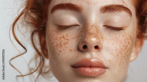 Close-up of a serene woman with freckles and red hair, eyes gently closed, a picture of calm and natural beauty.