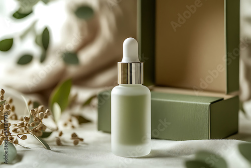 Elegant serum bottle in frosted glass with a minimalist green packaging box.