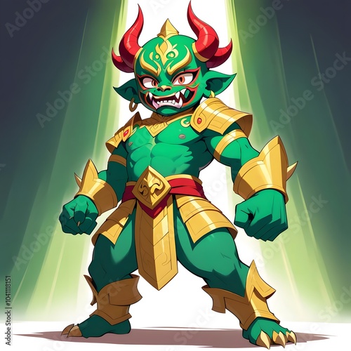 Giant, Demon, Fierce green warrior wearing a traditional demon mask, wearing golden armor, and the character represents strength and determination, and looks mysterious.
The fierce green warrior weari photo