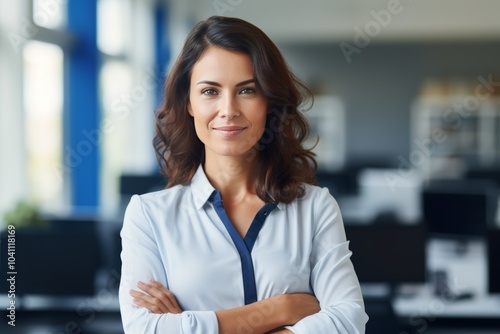 Smiling female professional manager in an office environment showcasing confidence and leadership during a productive workday