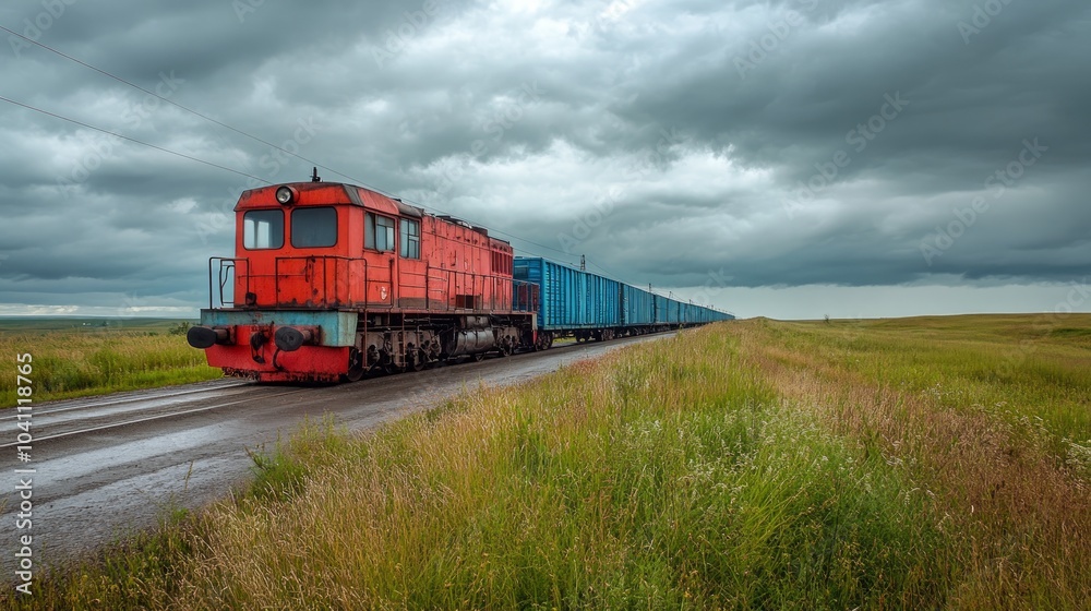 A red freight train with blue container cars moves along a dirt road through a grassy field under a stormy sky. A red freight train with blue container cars moves along a dirt road through a grassy field under a stormy sky.