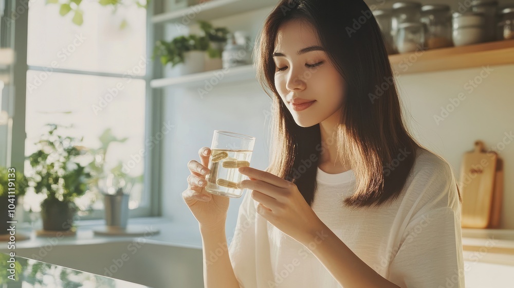 Young woman takes vitamins with water in a kitchen. Young woman takes vitamins with water in a kitchen.