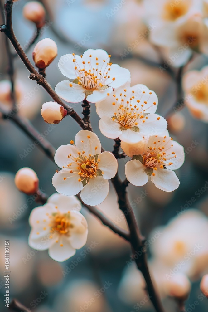 Delicate White Blossoms on a Branch with Blurred Background Delicate White Blossoms on a Branch with Blurred Background