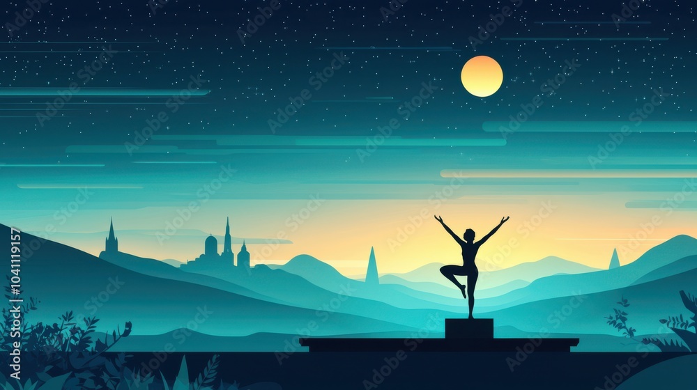 Yoga Practice on Rooftop Garden at Twilight
