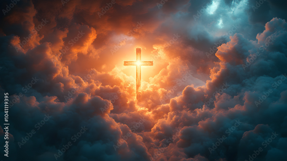 A Beautiful Rendering of the Cross Shining in Heaven Surrounded by Majestic Clouds, Symbolizing Faith, Hope, and Divine Presence, Capturing the Essence of Spirituality and Serenity in the Heavenly Rea A Beautiful Rendering of the Cross Shining in Heaven Surrounded by Majestic Clouds, Symbolizing Faith, Hope, and Divine Presence, Capturing the Essence of Spirituality and Serenity in the Heavenly Rea