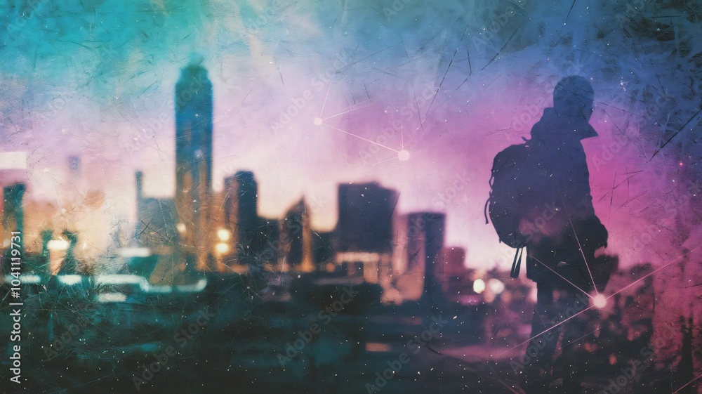 Abstract textured double exposure theme background with a gradient of blue, purple, and pink hues. There are overlapping images of a cityscape with tall buildings and a person with a backpack. Abstract textured double exposure theme background with a gradient of blue, purple, and pink hues. There are overlapping images of a cityscape with tall buildings and a person with a backpack.