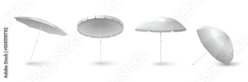 White blank beach umbrella mockup. Realistic 3d vector set of sunshade parasol for safe leisure in different angles of view. Summertime protection and shade element for branding and advertising.