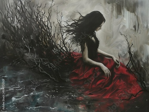 Melancholy Woman in a Red Dress Surrounded by Branches photo