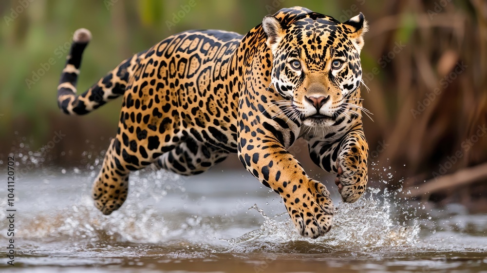 A powerful jaguar leaps through water, creating splashes, showcasing its agility and distinct spotted fur in a natural habitat. A powerful jaguar leaps through water, creating splashes, showcasing its agility and distinct spotted fur in a natural habitat.