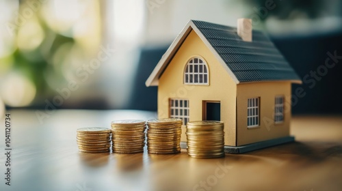 A small model house sits in front of a pile of gold coins on a wooden table.