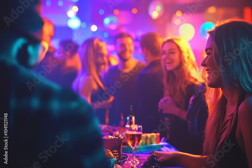 A birthday party with friends wearing evening dresses and costumes, laughing and enjoying the evening.