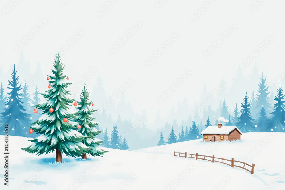 Naklejka premium Winter wonderland scene with snow-covered trees and cozy cabin for holiday cards