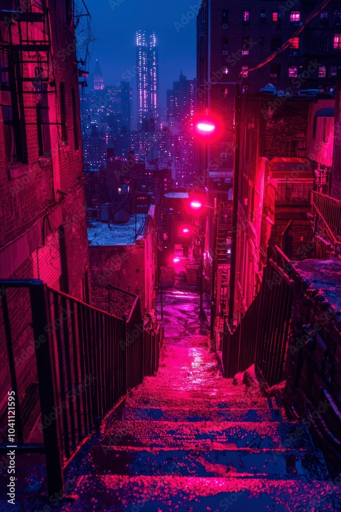 Neon-lit City Alleyway with a Staircase Leading Upwards Neon-lit City Alleyway with a Staircase Leading Upwards