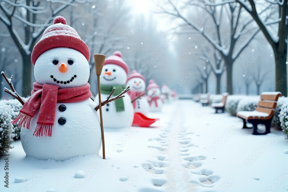 Fototapeta premium Cheerful snowmen in winter park with snowfall and red hats for holiday season
