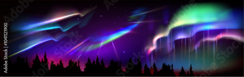 Cold night landscape with forest silhouette and dark starry sky with bright northern lights. Realistic vector illustration of twilight scene with green, purple and blue gradient aurora borealis