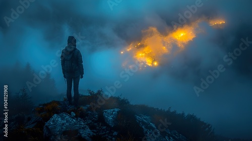 Hiker Silhouette in Foggy Mountain Landscape at Night