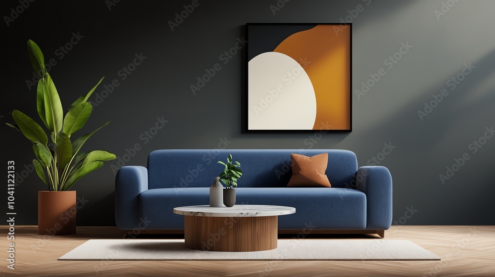 Fototapeta premium Contemporary luxury living room with a velvet sofa, marble accents, and sleek lighting, contemporary luxury living room, elegant and chic