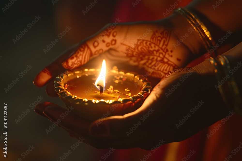 A woman holds a traditional oil lamp with a burning flame, adorned with vibrant henna designs and jewelry, symbolizing light and festivity. A woman holds a traditional oil lamp with a burning flame, adorned with vibrant henna designs and jewelry, symbolizing light and festivity.