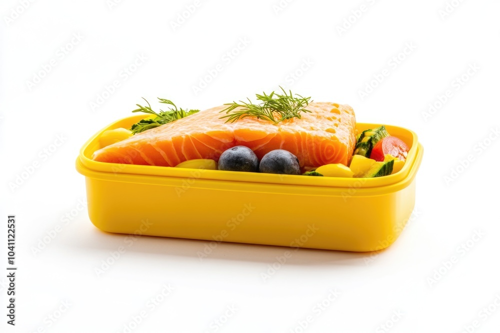 A bright yellow container filled with fresh fish and colorful vegetables, great for illustration or design A bright yellow container filled with fresh fish and colorful vegetables, great for illustration or design