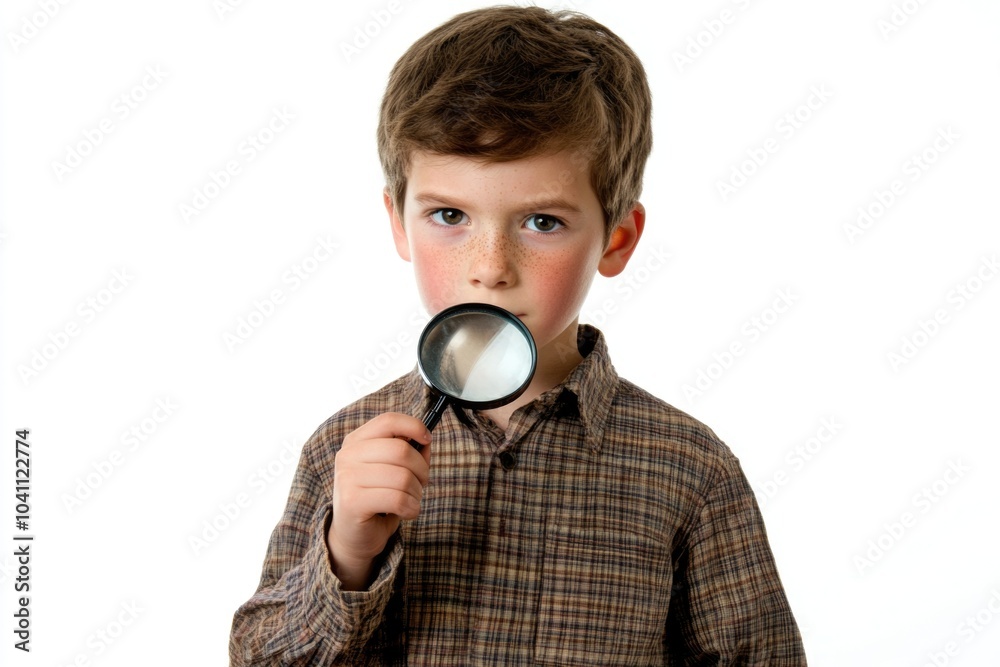 A young boy holds a magnifying glass, exploring the world around him A young boy holds a magnifying glass, exploring the world around him