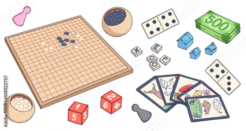 Board game for family and children leisure and recreation design. Cartoon vector illustration set of different boardgame elements - checkered map with chips, dice and cards, domino pieces and figures.