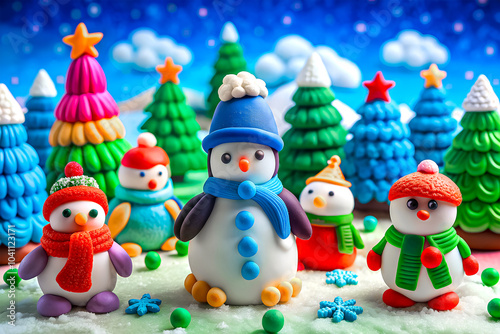 Children's crafts made from plasticine on a winter theme.