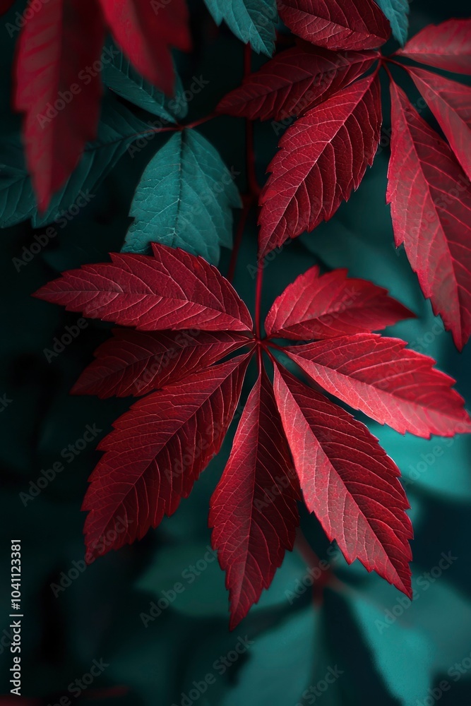 Deep Red Leaves Against a Dark Teal Background Deep Red Leaves Against a Dark Teal Background